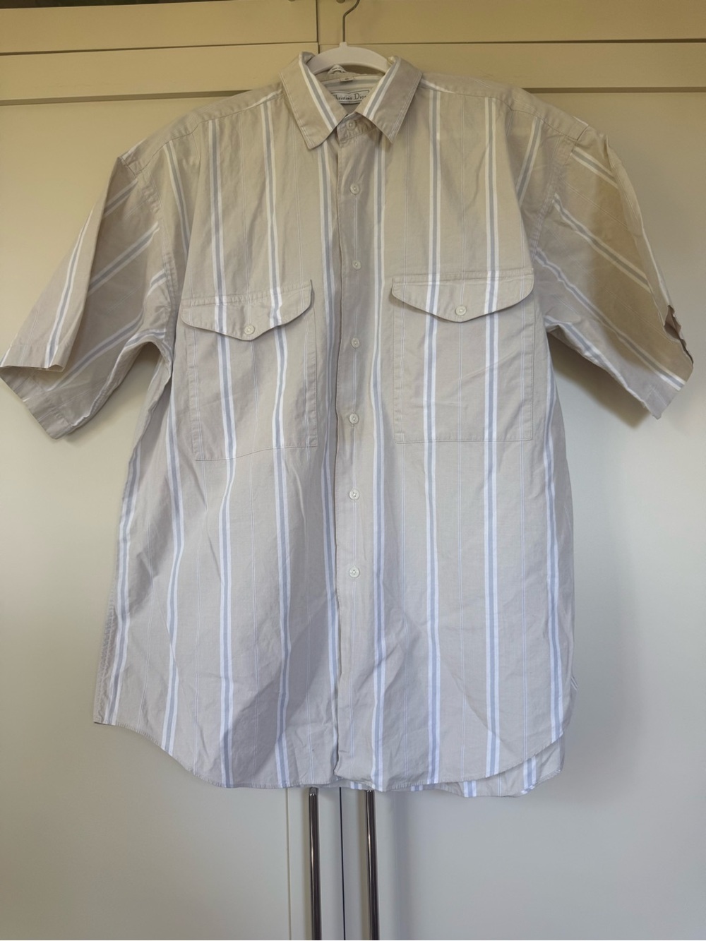 Vintage Christian Dior Men's Short Sleeve Button-Up Shirt in Beige Stripe
